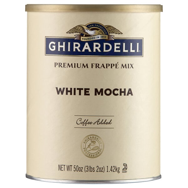 A white can of Ghirardelli White Mocha Frappe Mix with a label.