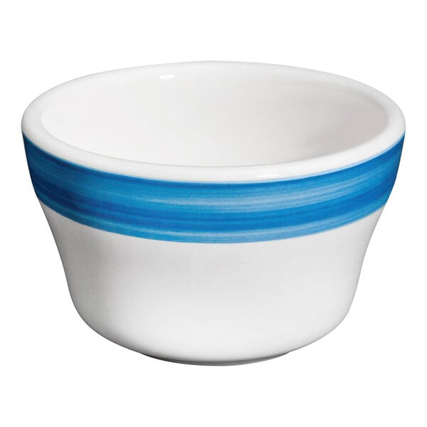 A white stoneware bouillon bowl with blue stripes.