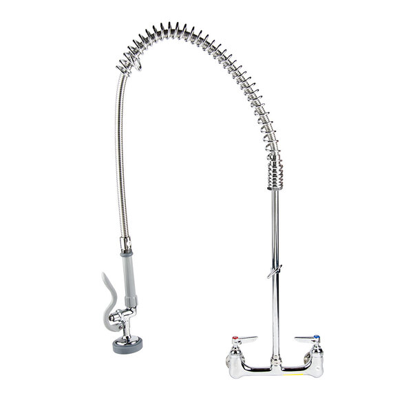 A T&S wall mounted pre-rinse faucet with a curved metal tube and rubber hose.