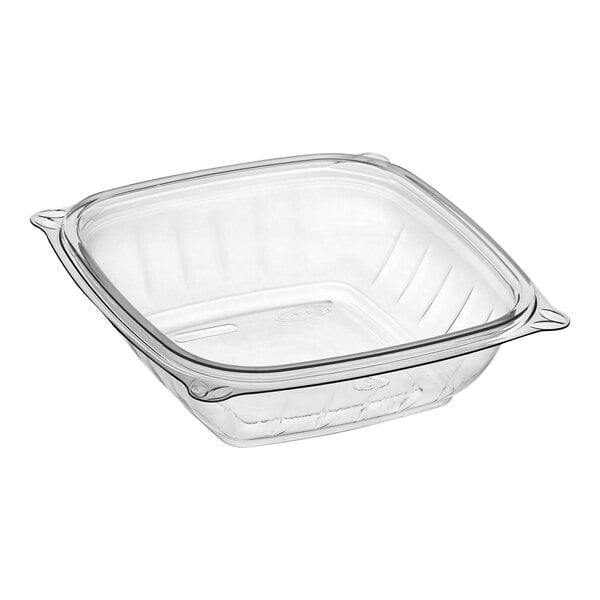 A case of clear Dart square bowls with lids.
