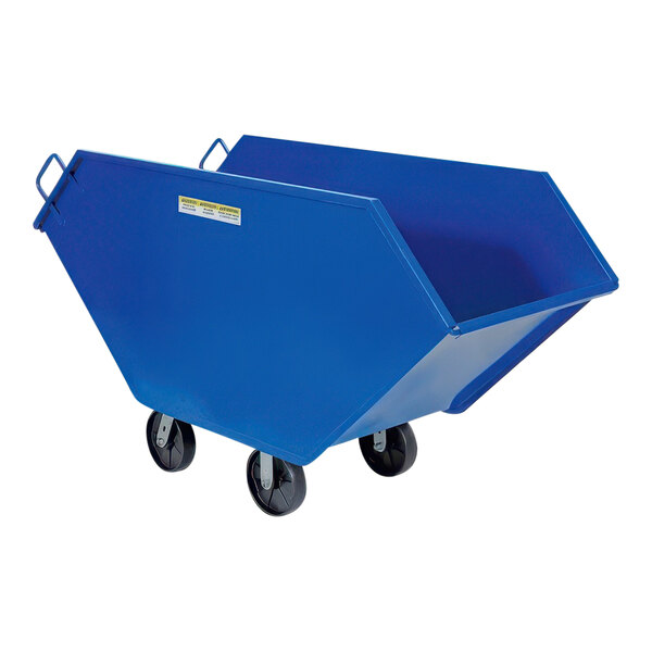 A blue steel chip and waste truck with black wheels.