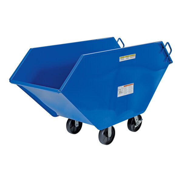 A blue cart with black wheels.