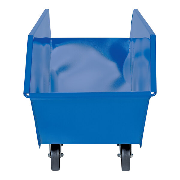 A blue metal Vestil chip and waste truck with wheels.