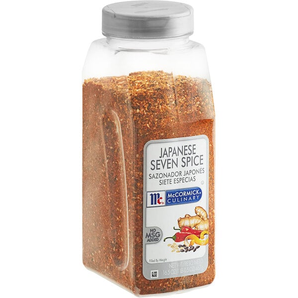 A case of McCormick Culinary Japanese Seven Spice on a table with a lid.