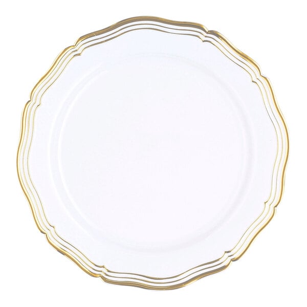 A white plastic plate with gold bands around the edge.
