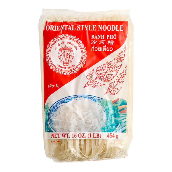A red, white, and blue package of Erawan Thai rice stick noodles.