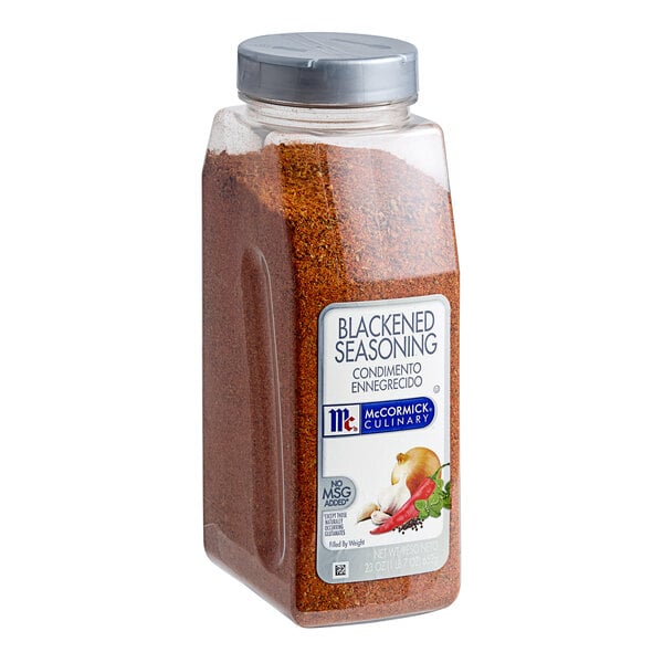 A McCormick Culinary Blackened Seasoning container with chili pepper and garlic.
