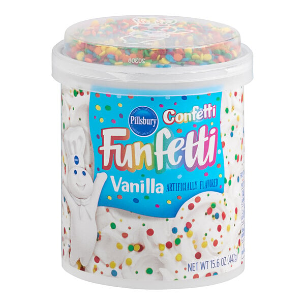 A white container of Pillsbury Funfetti confetti frosting with a blue label.