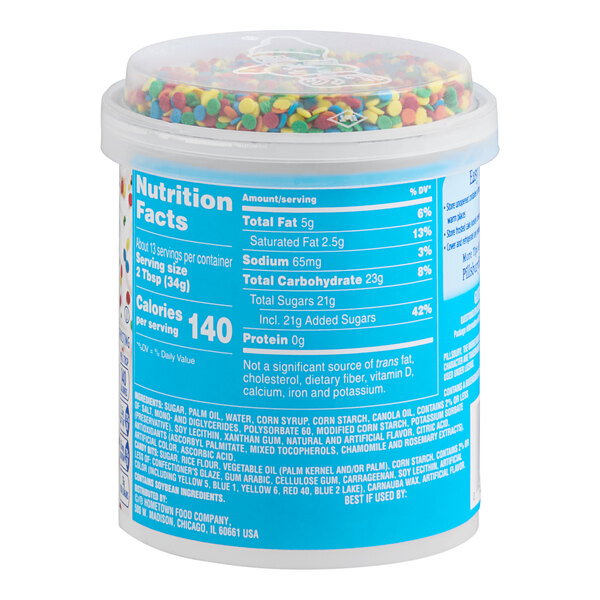 A container of Pillsbury Funfetti Confetti Frosting with a blue label.