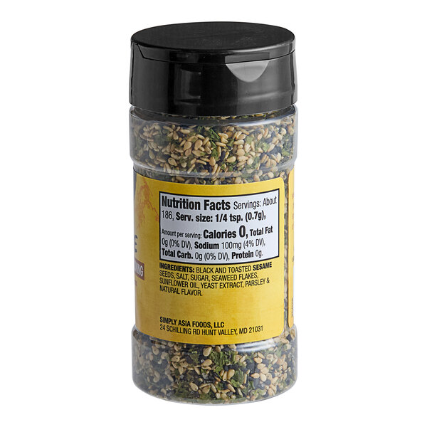 A case of 6 jars of Simply Asia Furikake Japanese-Style Seasoning with a black lid and a label.