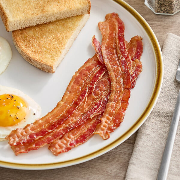 A plate with Daily's precooked bacon, eggs, and toast on it.