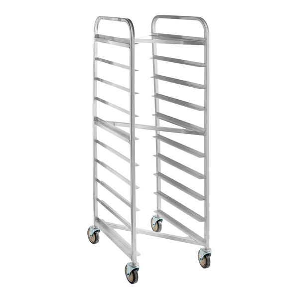 A Winholt aluminum sheet pan rack with wheels.