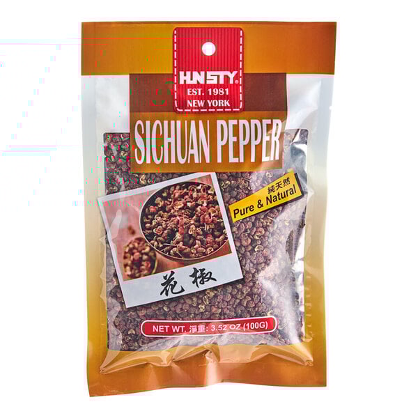 A bag of HUNSTY Red Sichuan Peppercorn with a red and white label.