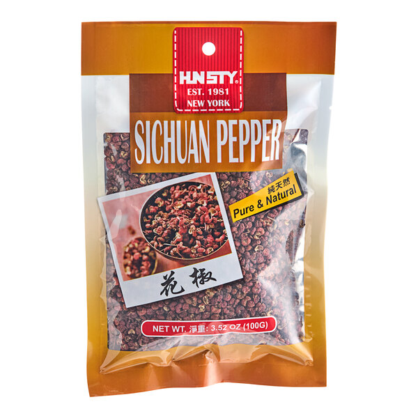 A white bag of HUNSTY Red Sichuan Peppercorns with a red and white label.