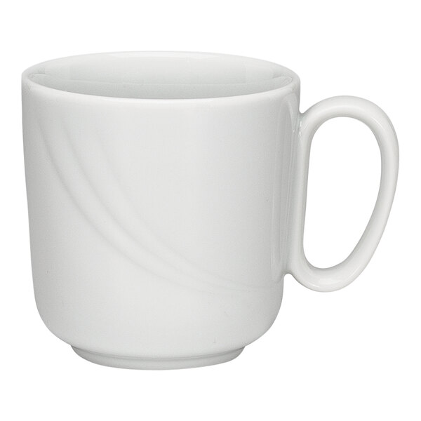 A white porcelain stackable mug with a handle.