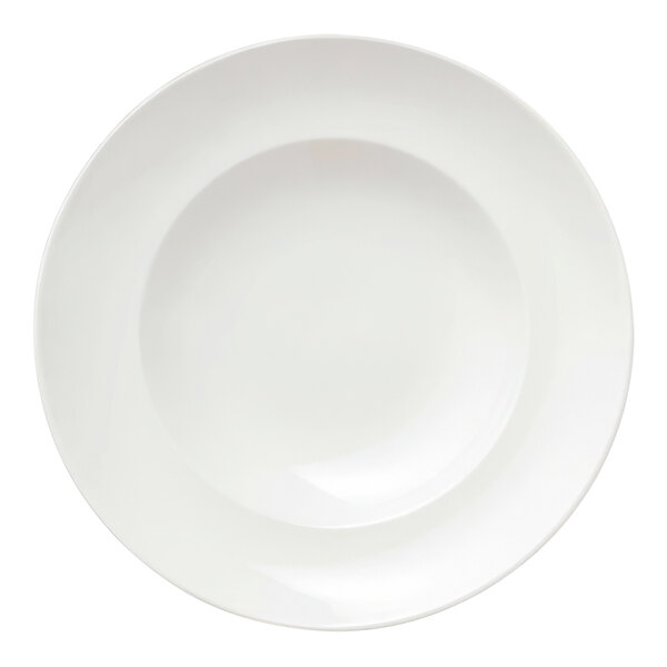 A white porcelain pasta bowl with a white rim.