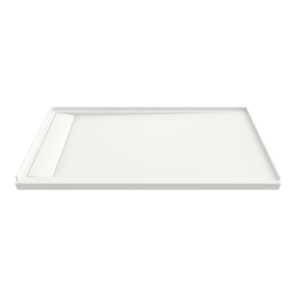 A white rectangular shower base with a white handle.
