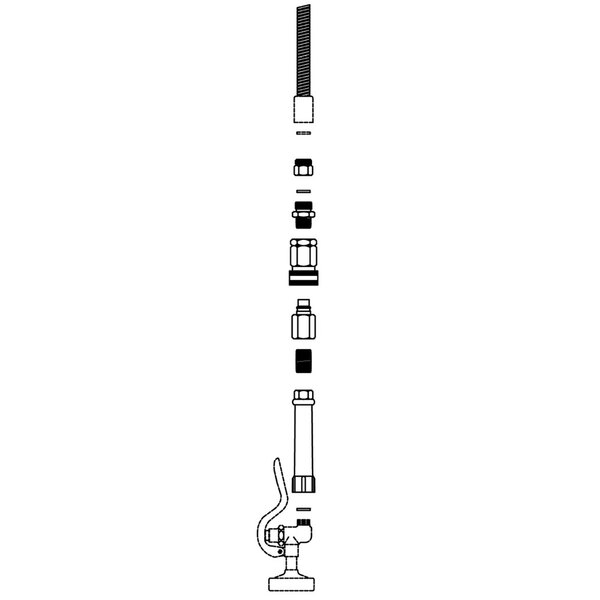 A diagram of a T&S pre-rinse faucet retrofit kit, including a pipe, handle, and spout.