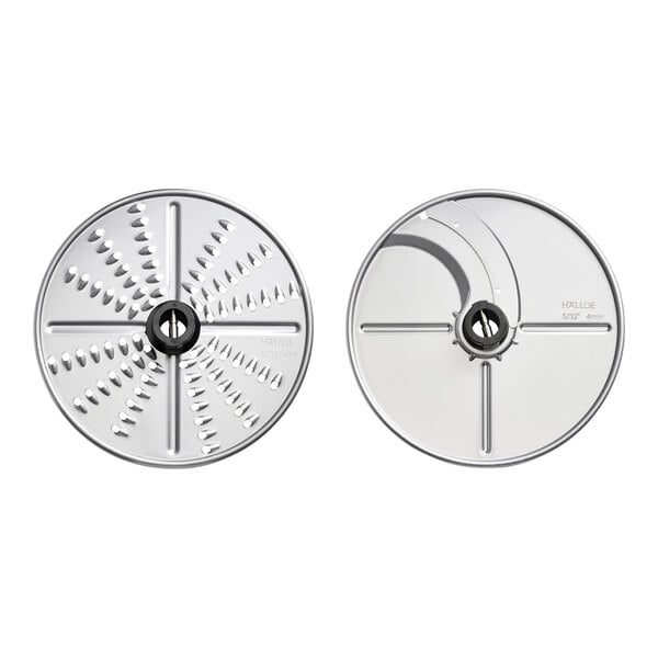 A close-up of two silver circular metal discs with holes.
