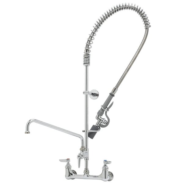 A T&S chrome wall mounted pre-rinse faucet with a curved hose.