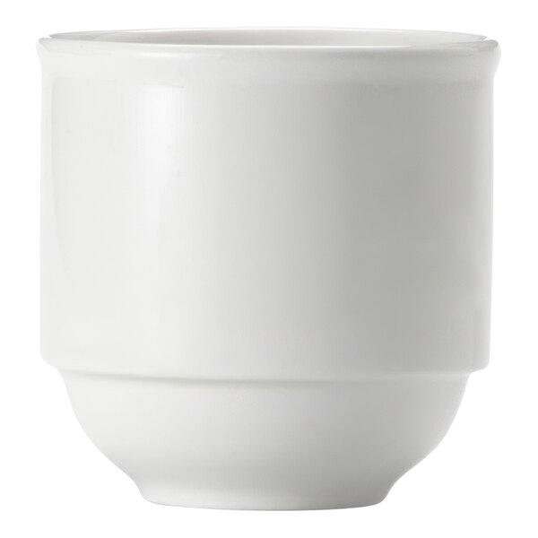 A Libbey Porcelana white porcelain bouillon cup with a white background.