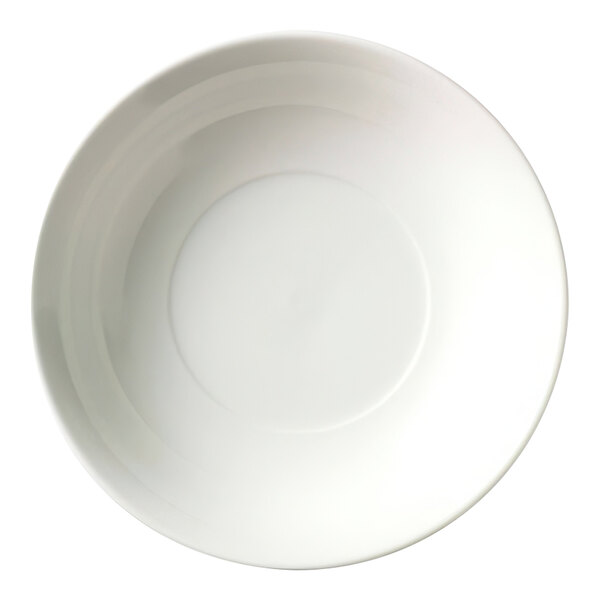 A close up of a Libbey Porcelana round white porcelain deep bowl with a white rim.