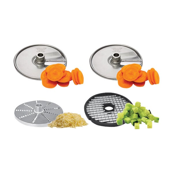 A white 4-piece disc set for Hobart CCH series food processors with circular food cutters and a grater.