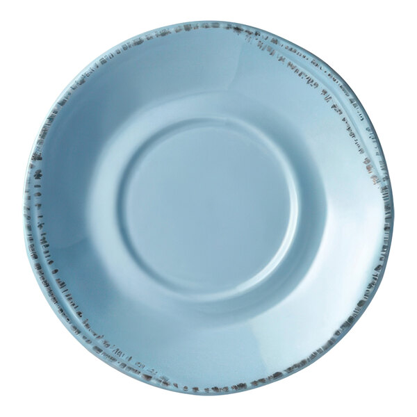 A white plate with a blue hen and black border.