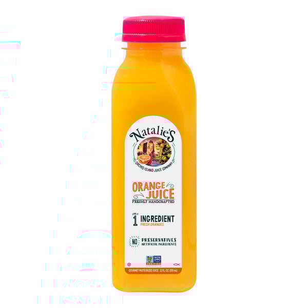 A case of Natalie's Orange Juice bottles on a table.