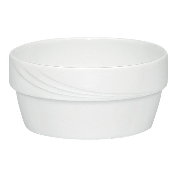 A white porcelain round soup or oatmeal bowl with a subtle embossed design.