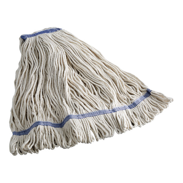 A Choice natural cotton wet mop head with blue trim.