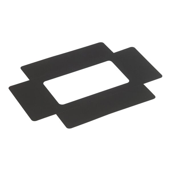 A close-up of several black rectangular Solia paperboard tray lids with a white rectangle window.
