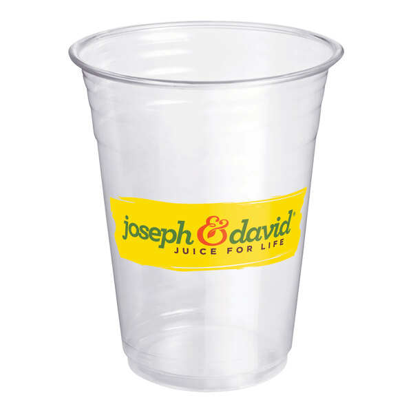 A clear plastic Joseph & David cold cup with a yellow label.