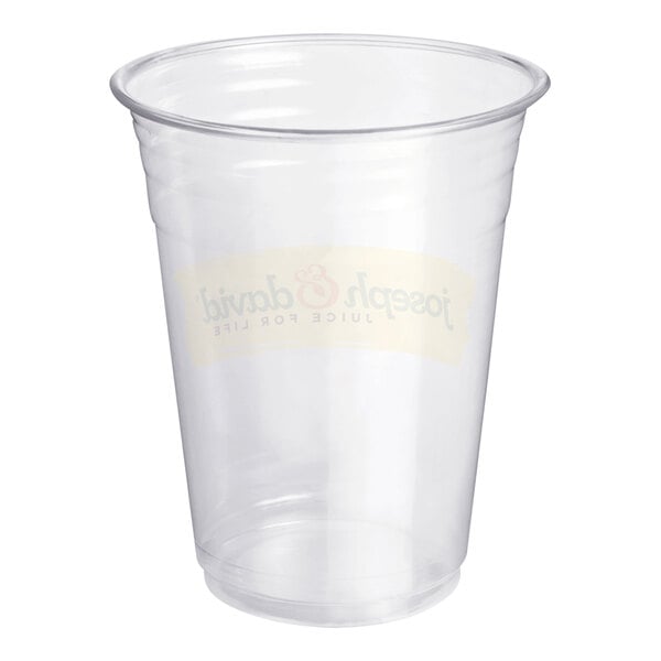 A clear plastic Joseph & David squat cup with a yellow label.