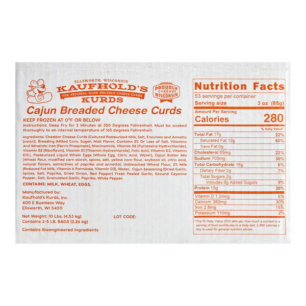 A package label for Kaufhold's Kurds Cajun Breaded Cheese Curds, showing nutrition facts and ingredient information.