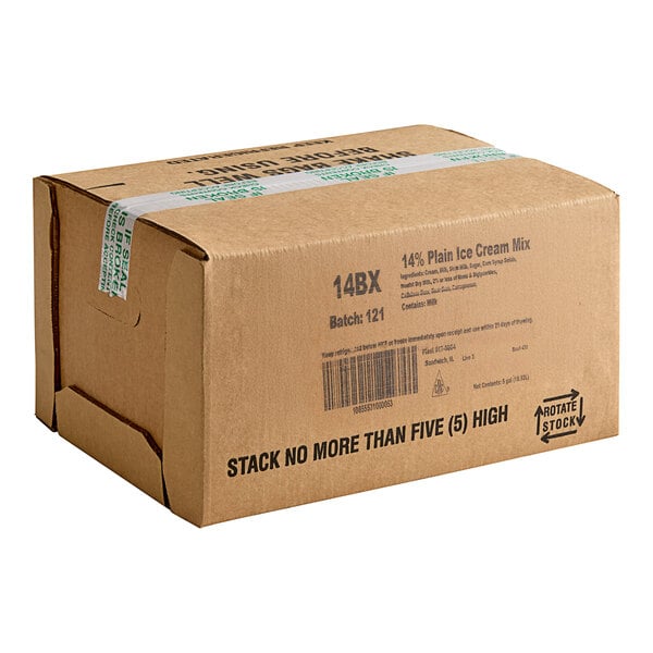 A brown box with black text reading "Meadowvale 14% Hard Ice Cream Mix" and green tape.