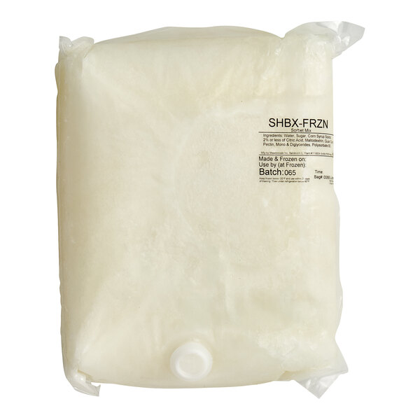 A white plastic bag of Meadowvale Sorbet Mix with a black label.