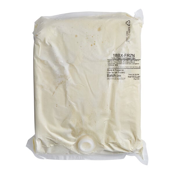 A white plastic bag of Meadowvale 18% Hard Ice Cream Mix.