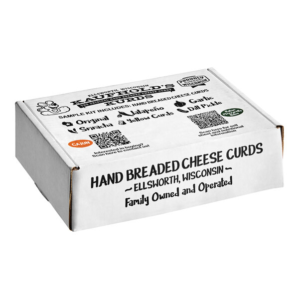 A white box of Kaufhold's Kurds Breaded Cheese Curd samples.