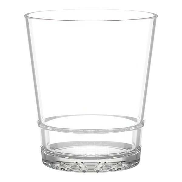 A Tossware Reserve stackable clear plastic rocks glass with a diamond-cut base.