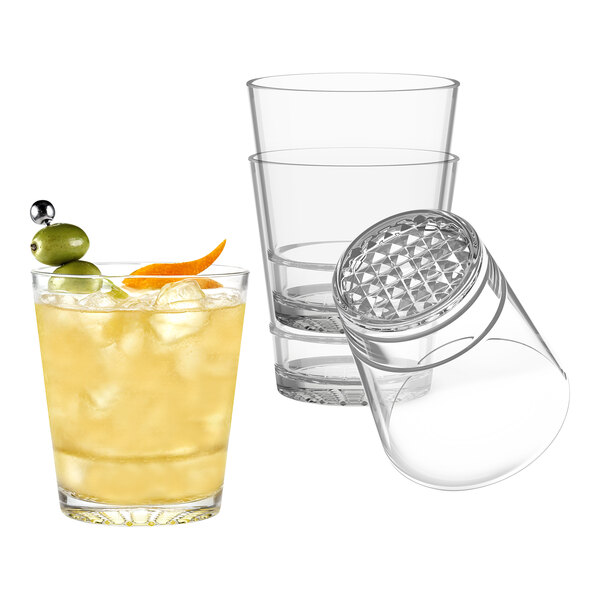 A Tossware Reserve Backbar plastic rocks glass with a drink and ice.