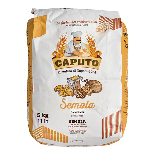 A bag of Caputo semolina flour on a white background.