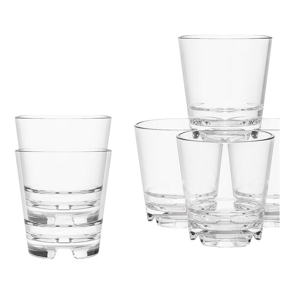 A group of Tossware Reserve clear plastic stackable rocks glasses.