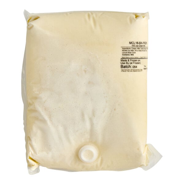 A white bag of Meadowvale hard ice cream mix with a white cap and black text.