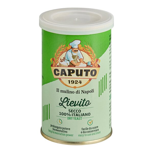 A green and white Caputo container of dry Italian yeast with a white lid.