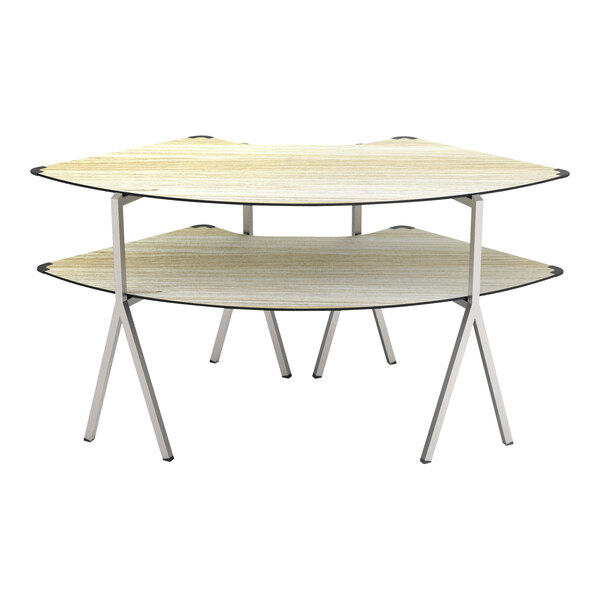 A Rosseto stainless steel quarter round bakery display table with a natural wood double table top.