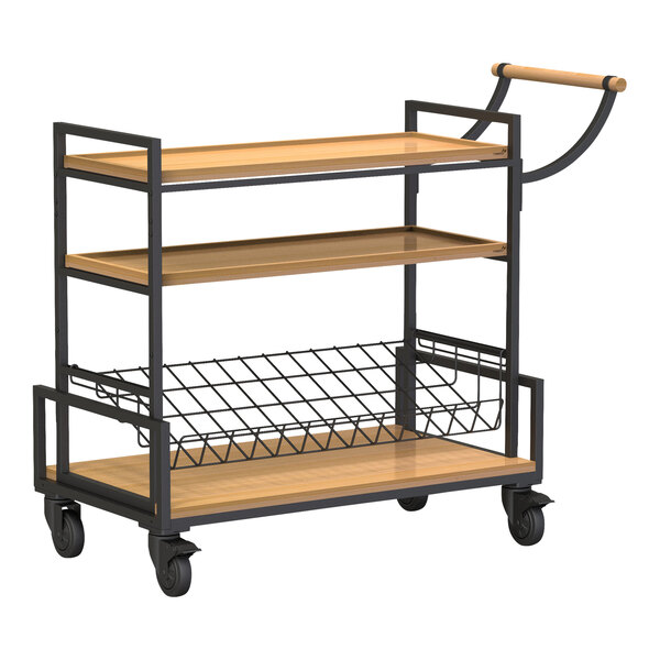 A Rosseto black metal serving cart with natural bamboo shelves and black wire shelves and a handle.