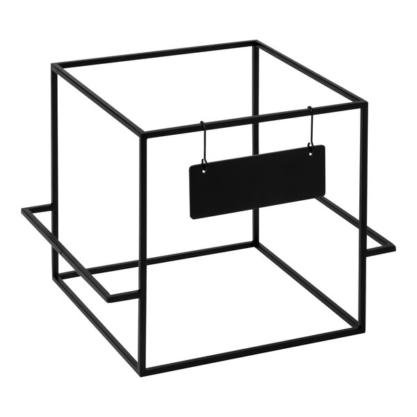 A black metal rectangular display stand with a hanging sign.