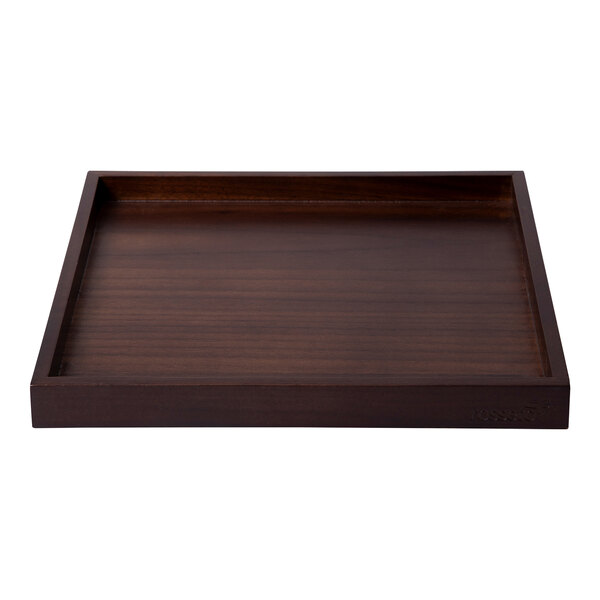 A walnut square bamboo display shelf on a wood surface.