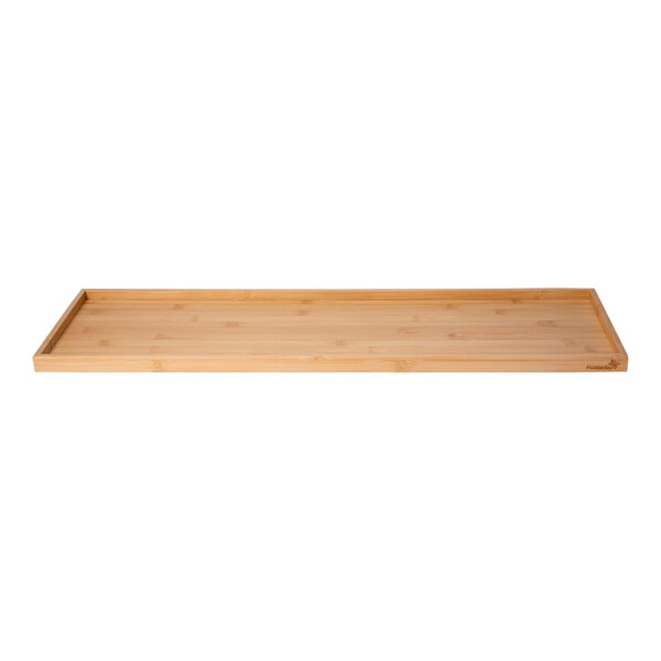 A large rectangular bamboo display shelf on a table.